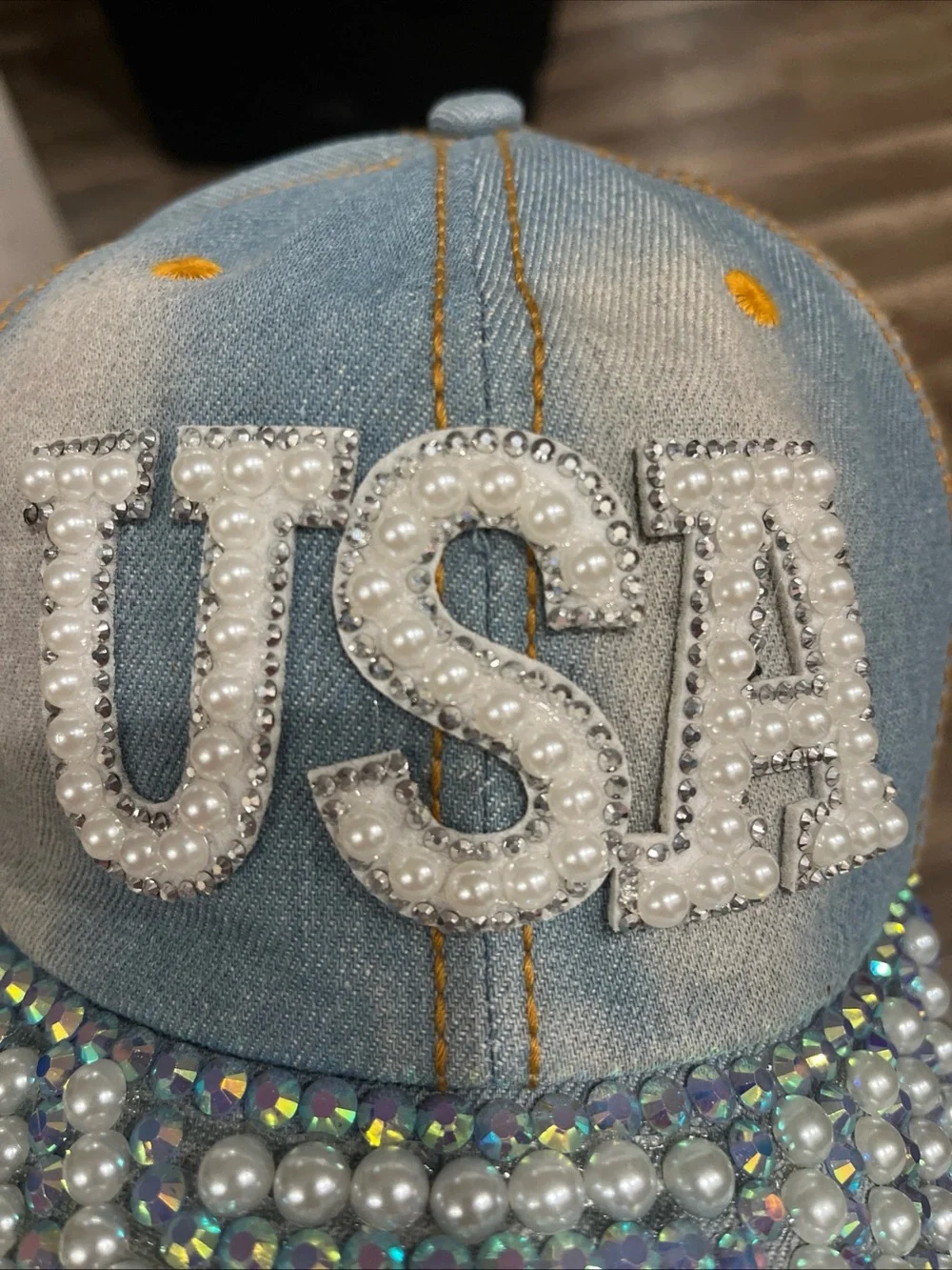 Denim USA Pearl & Rhinestone Embellished Baseball Cap Hat distressed adjustable